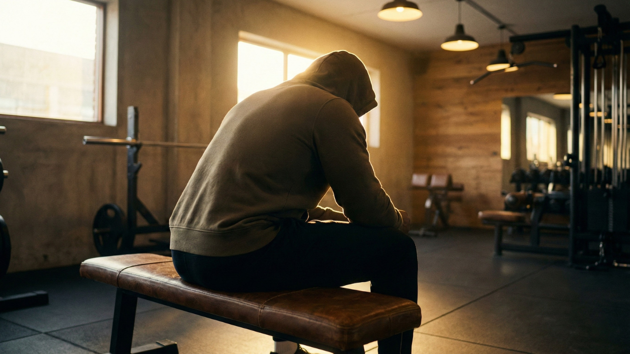 Atleta sentado en banco de gimnasio descansando entre series con iluminación cálida