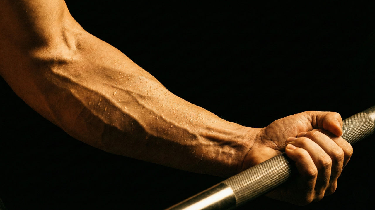 Antebrazo con venas marcadas agarrando una barra de pesas en fondo oscuro