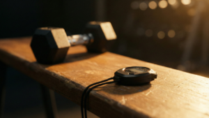 Cronómetro sobre banco de gimnasio junto a mancuerna con iluminación dorada